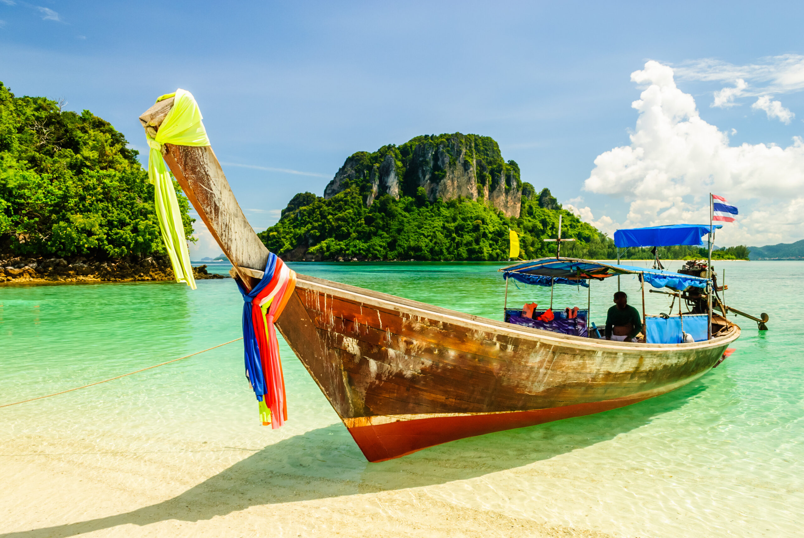 Thai Long Tail Boat Floating Nearby Island At Krabi